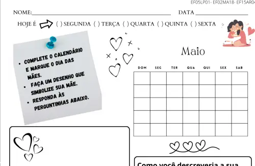 atividade de dia das mães calendário